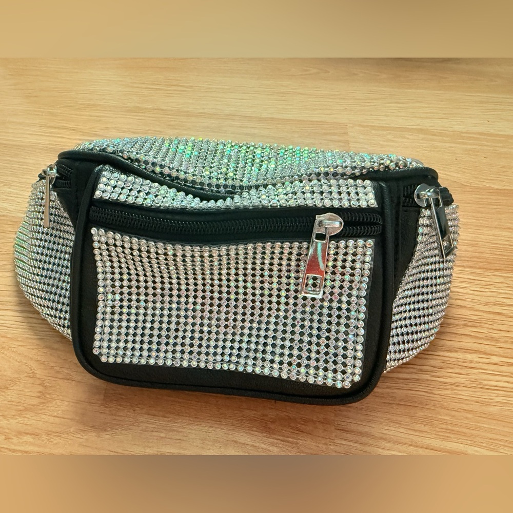 Crystal Embellished Black Waist Bag